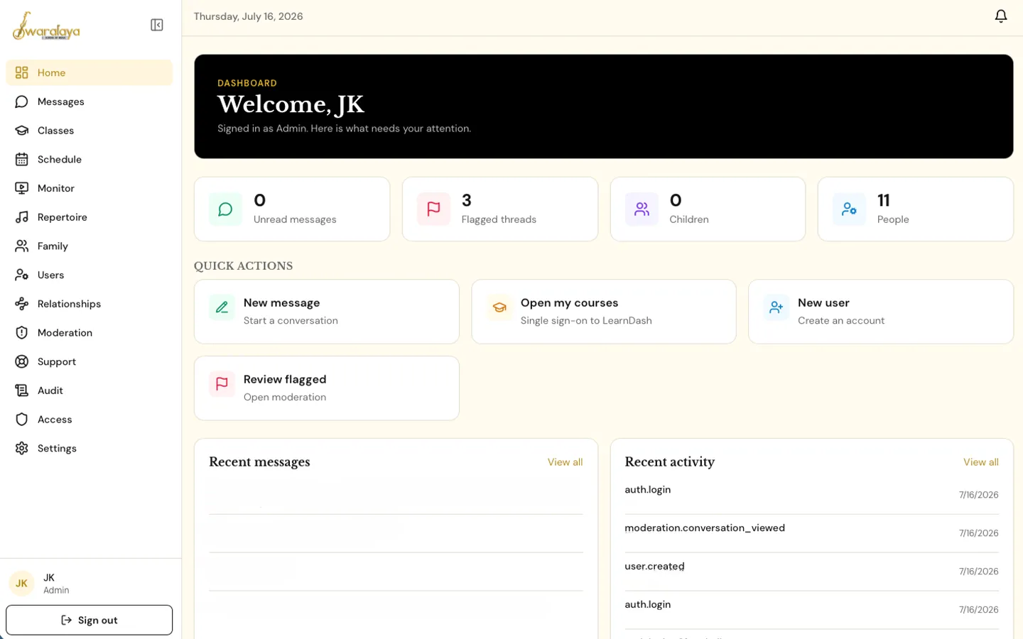 Swaralaya Studio dashboard on desktop