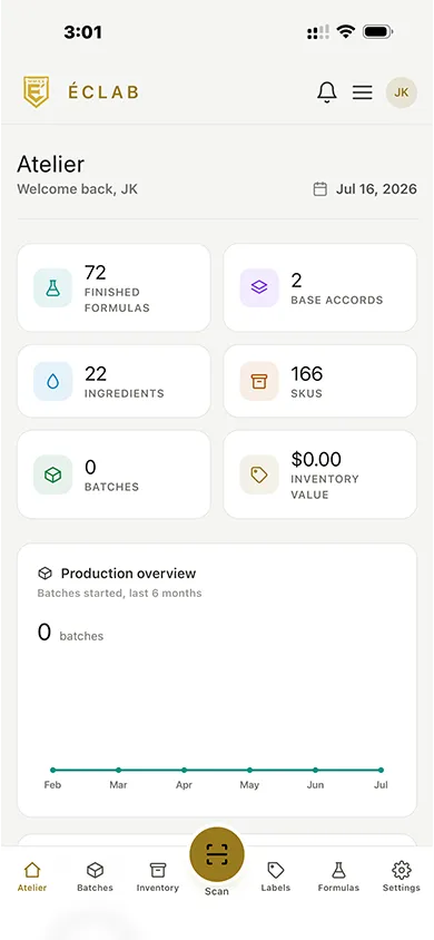 ÉCLAB formulation workspace on mobile